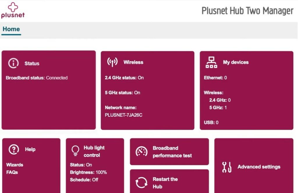 Plusnet Hub Manager dashboard